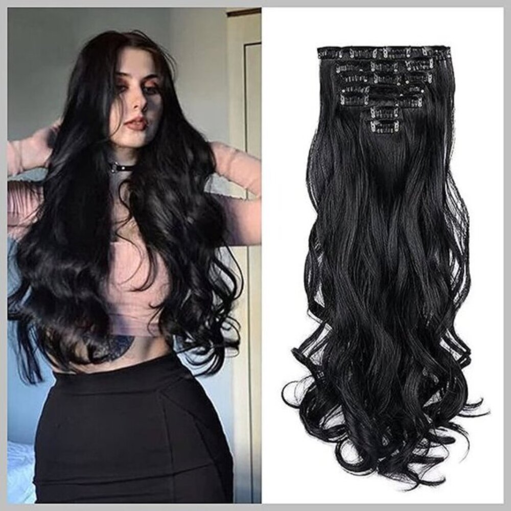 Clip In Hair Extensions Synthetic Fiber Black
